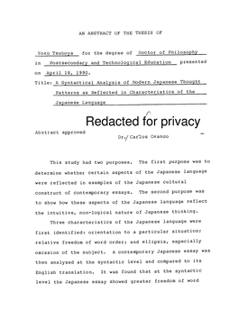 A Syntactical Analysis of Modern Japanese Thought Patterns As Reflected in Characteristics of the Japanese Language