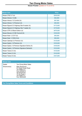 Tan Chong Motor Sales Nissan Pricelist (Updated on 15-Jul-2014)
