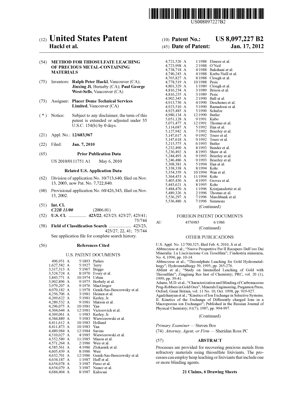 (12) United States Patent (10) Patent No.: US 8,097,227 B2 Hacklet Al