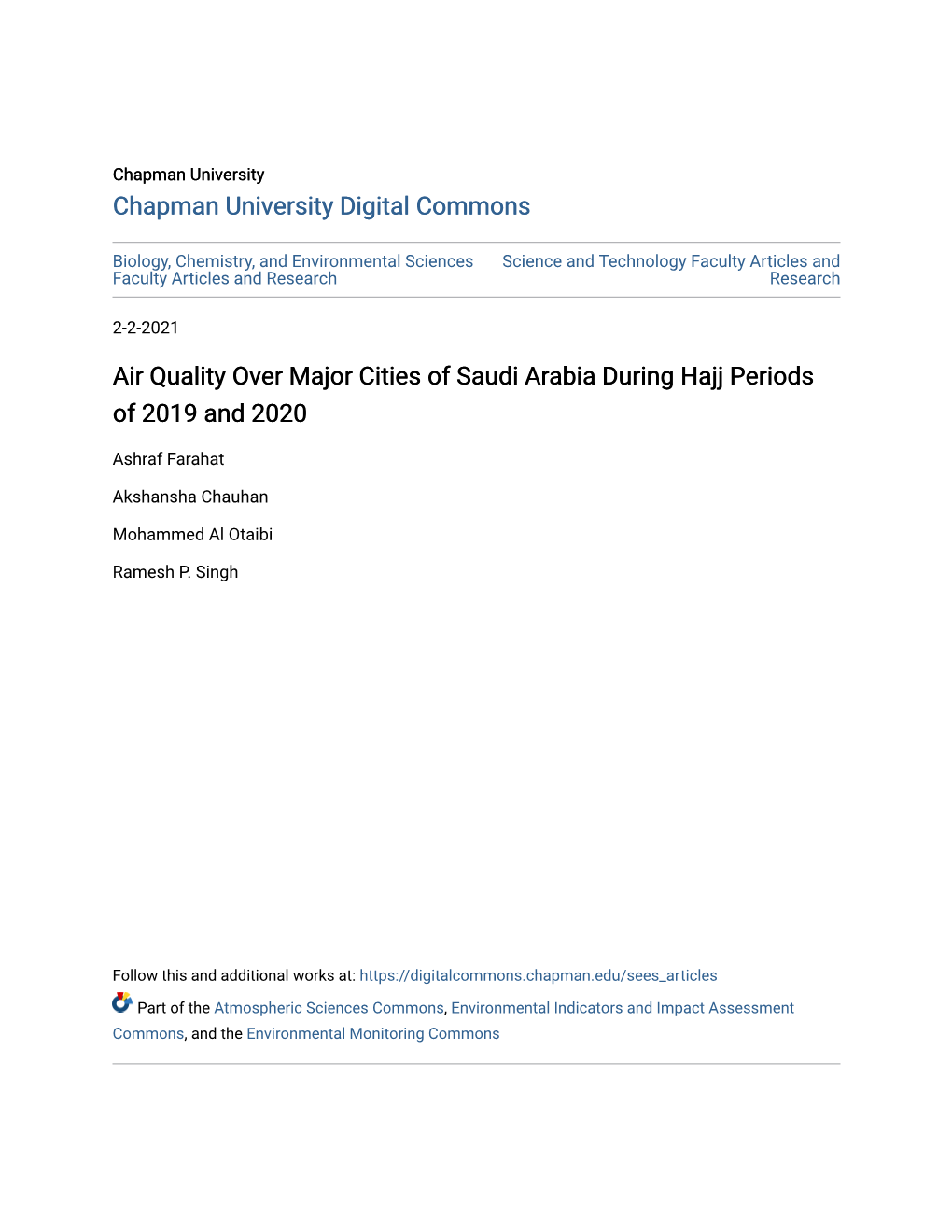 Air Quality Over Major Cities of Saudi Arabia During Hajj Periods of 2019 and 2020