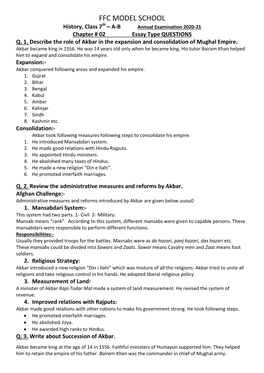FFC MODEL SCHOOL History, Class 7Th – A-B Annual Examination 2020-21 Chapter # 02 Essay Type QUESTIONS Q