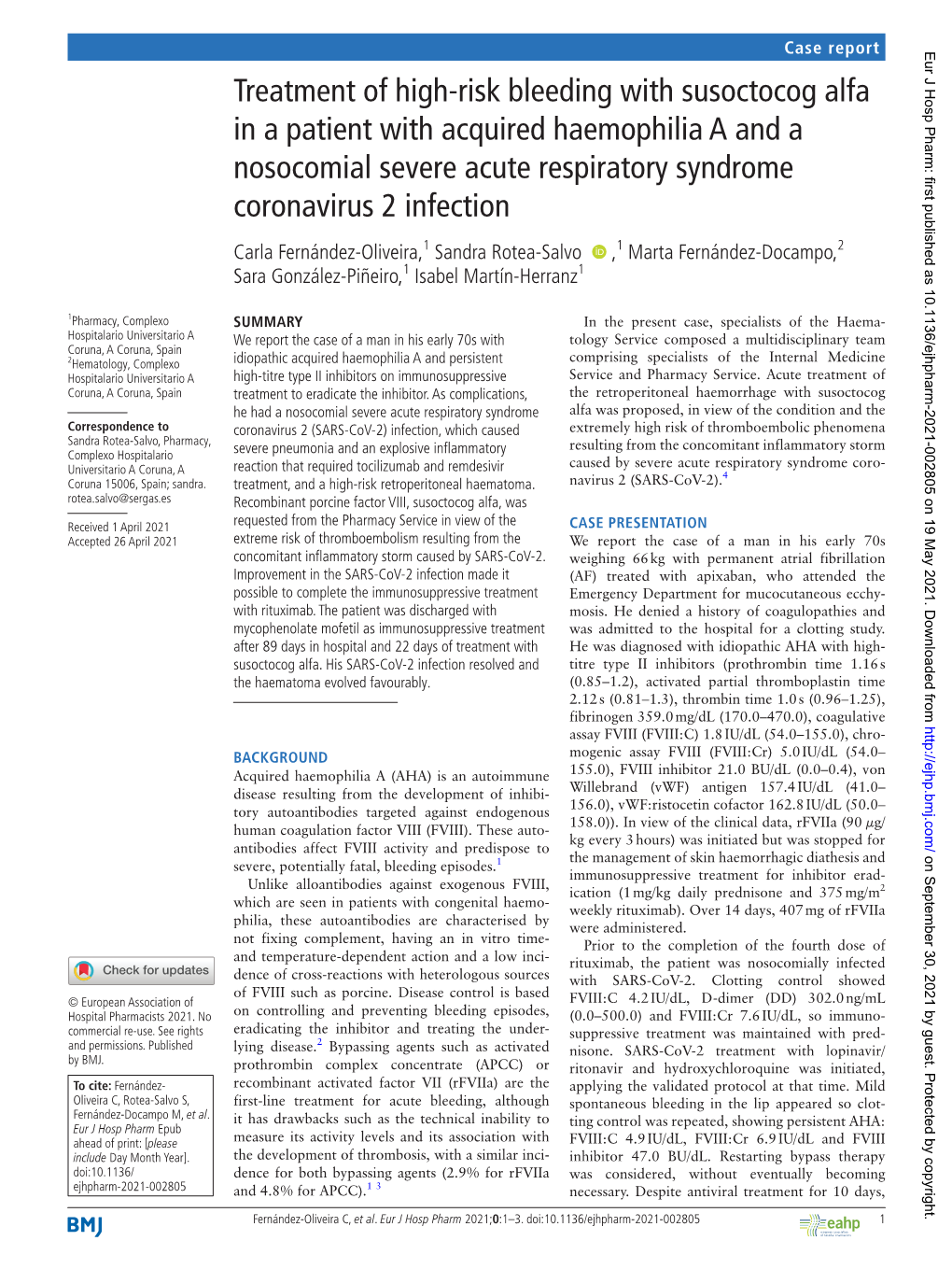 Treatment of High-Risk Bleeding with Susoctocog Alfa in a Patient with Acquired Haemophilia a and a Nosocomial Severe Acute Resp