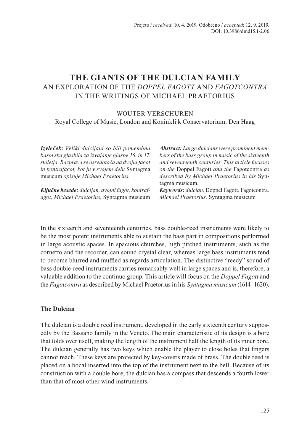 The Giants of the Dulcian Family an Exploration of the Doppel Fagott and Fagotcontra in the Writings of Michael Praetorius