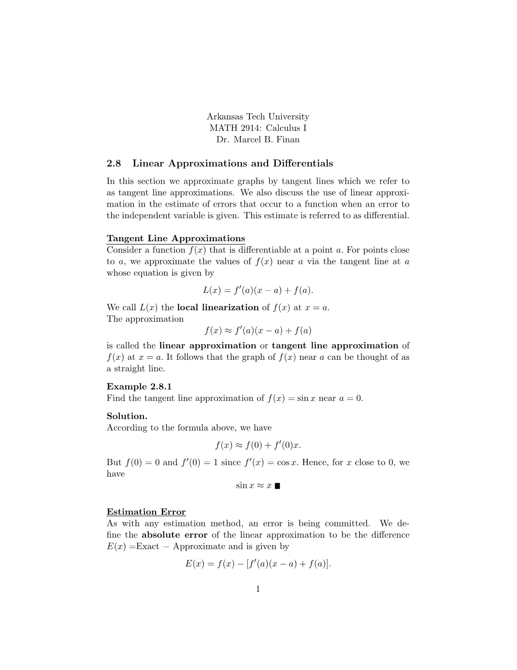 2.8 Linear Approximations and Differentials