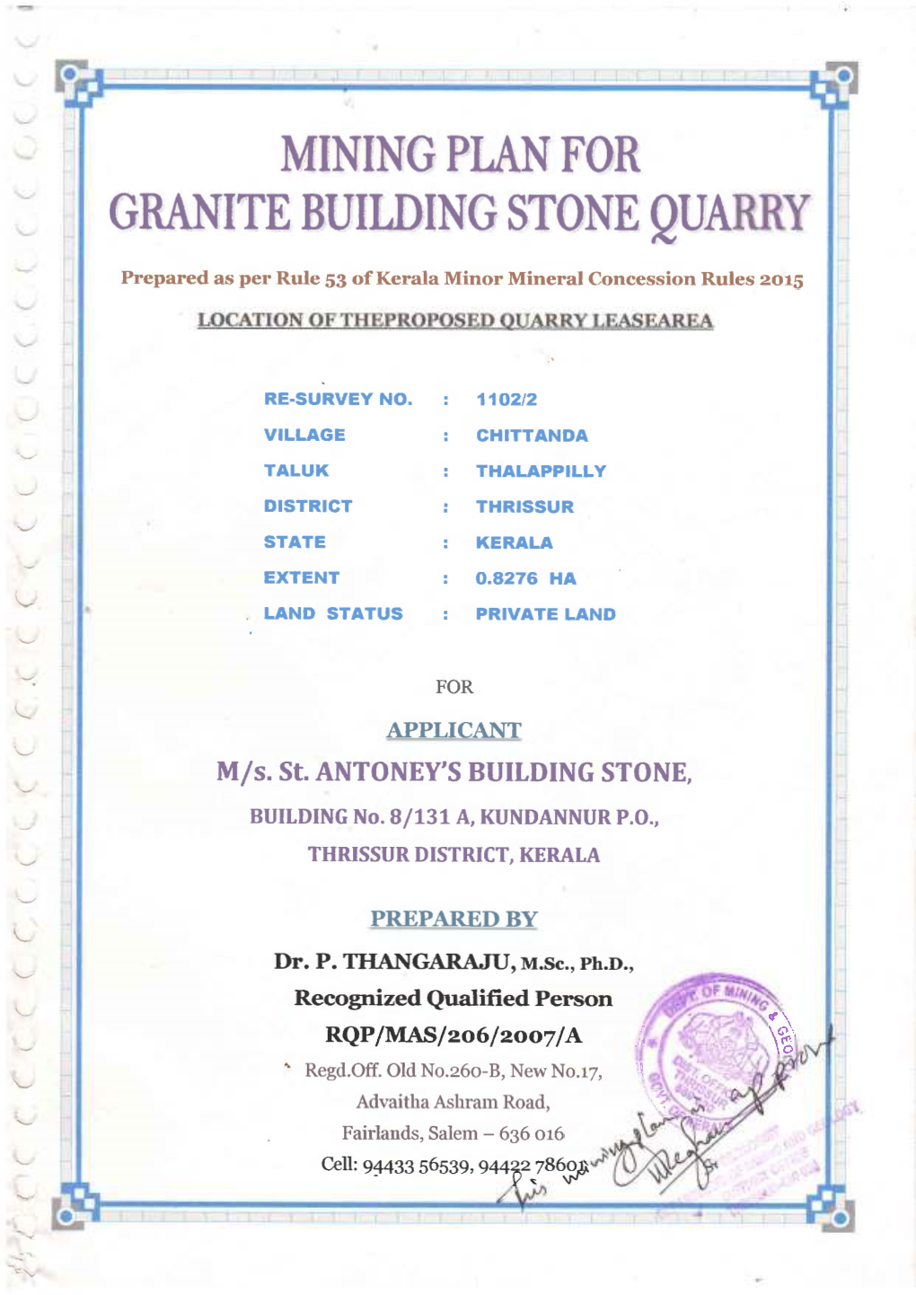 MININGPLANFOR GRANITE BUILDING STONE Gua