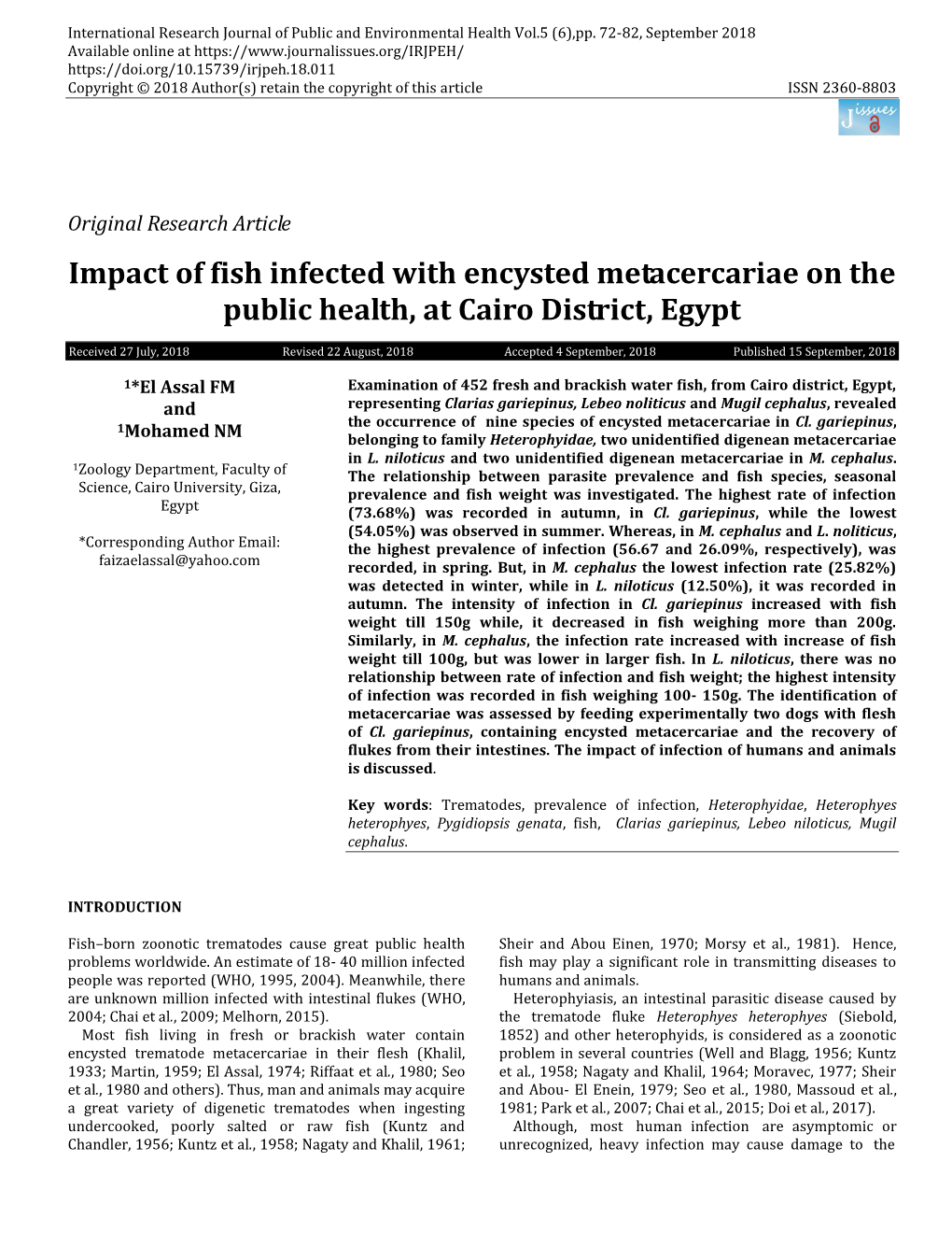 Impact of Fish Infected with Encysted Metacercariae on the Public Health, at Cairo District, Egypt