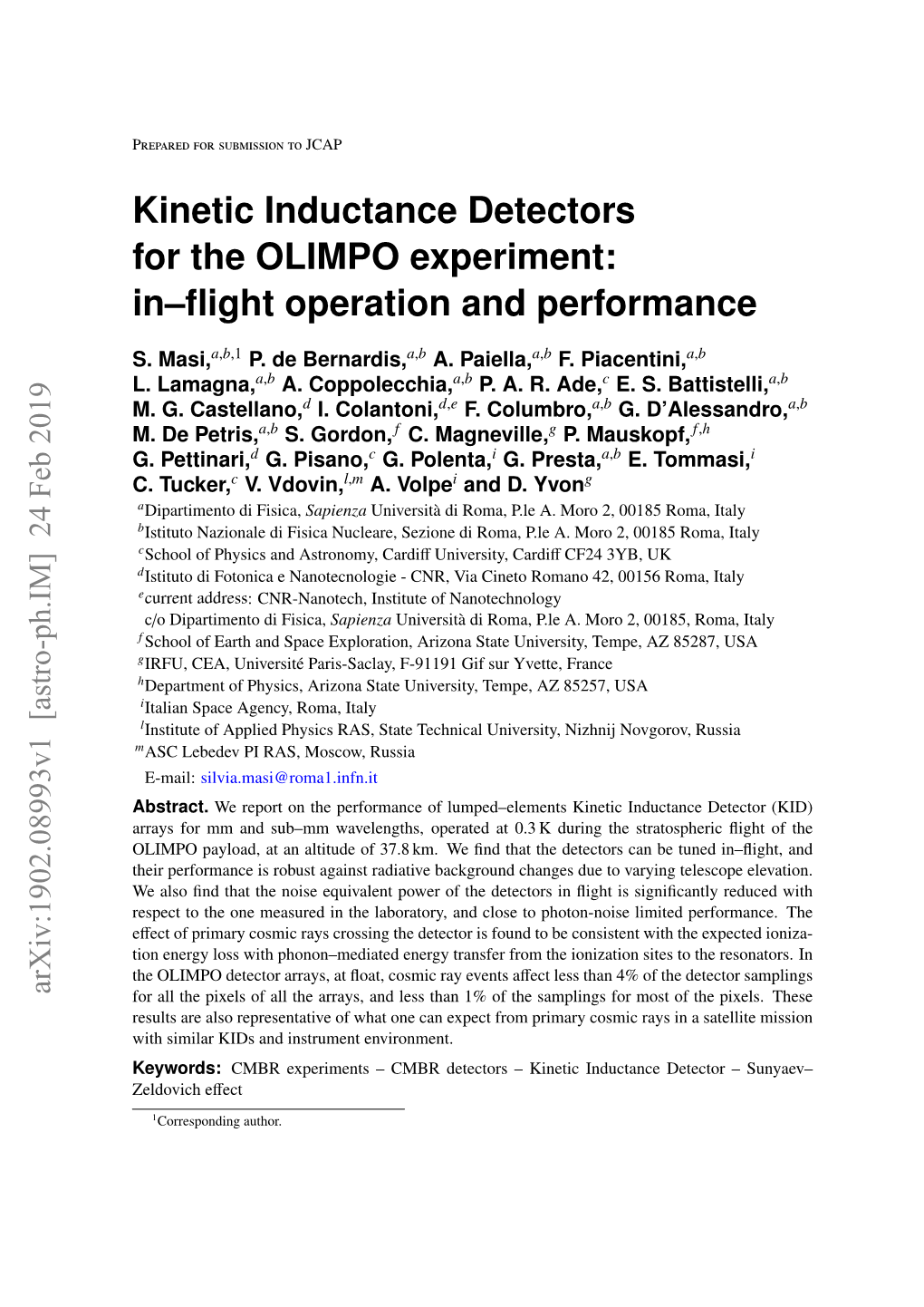 Kinetic Inductance Detectors for the OLIMPO Experiment: In–Flight Operation and Performance