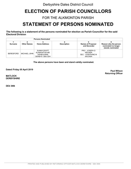 Statement of Persons Nominated Election of Parish Councillors