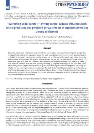 Privacy Control Salience Influences Both Critical Processing and Perceived Persuasiveness of Targeted Advertising Among Adolescents