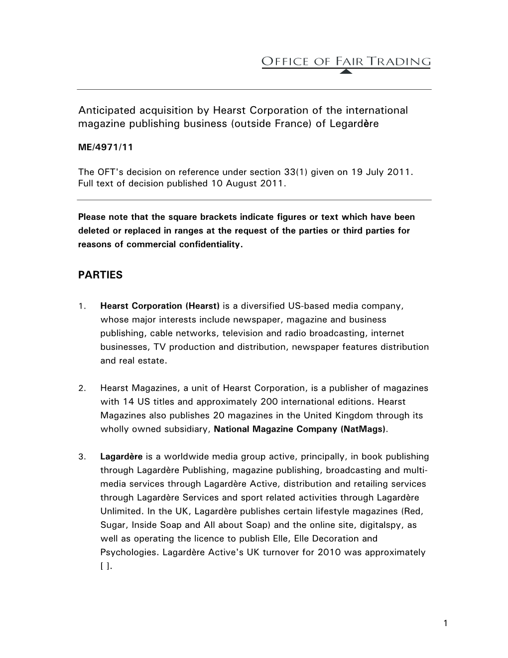 The OFT's Decision on Reference Under Section 33(1) Given on 19 July 2011