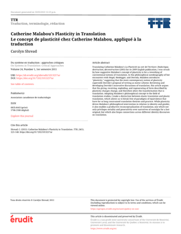 Catherine Malabou's Plasticity in Translation