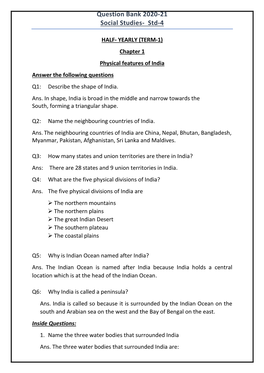 Question Bank 2020-21 Social Studies- Std-4