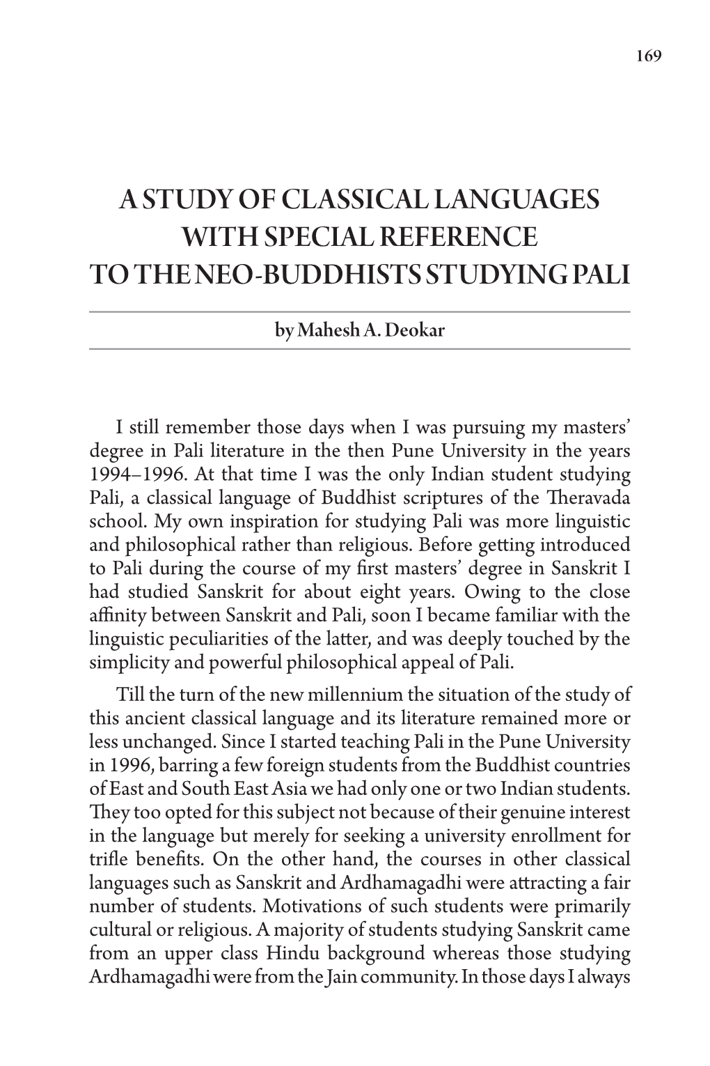 A Study of Classical Languages with Special Reference to the Neo-Buddhists Studying Pali