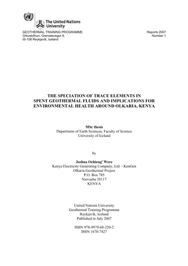 The Speciation of Trace Elements in Spent Geothermal Fluids and Implications for Environmental Health Around Olkaria, Kenya