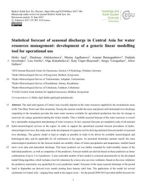 Statistical Forecast of Seasonal Discharge in Central Asia For