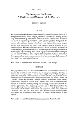 The Malaysian Intellectual:A Briefsari Historical 27 (2009) Overview 13 - 26 of the Discourse 13