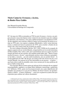 Mario Camus Lee "Fortunata Y Jacinta", De Benito Pérez Galdós