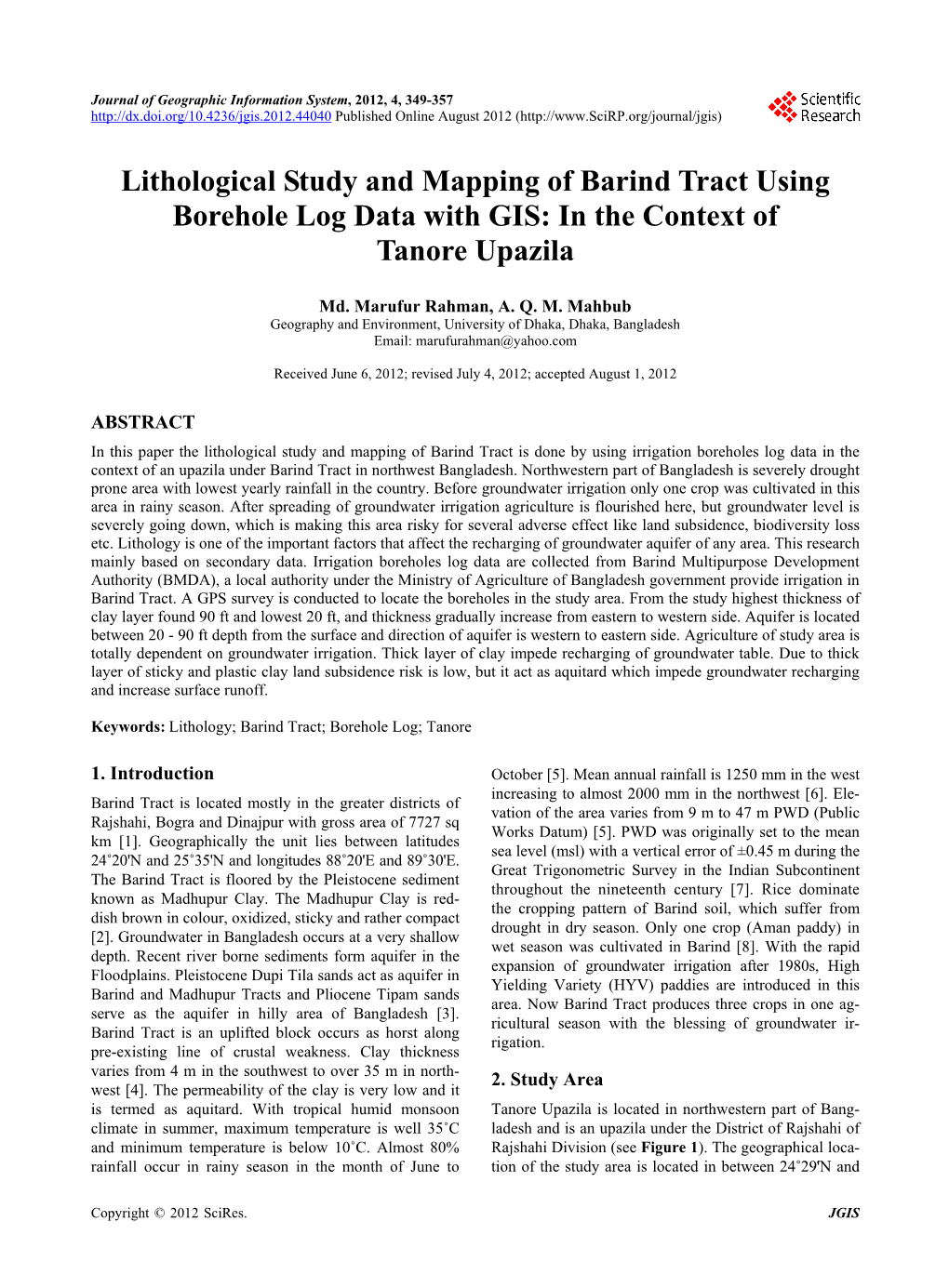 Lithological Study and Mapping of Barind Tract Using Borehole Log Data with GIS: in the Context of Tanore Upazila