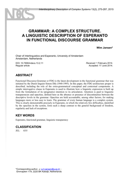 A Complex Structure. a Linguistic Description of Esperanto in Functional Discourse Grammar