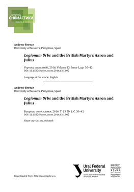 Legionum Urbs and the British Martyrs Aaron and Julius