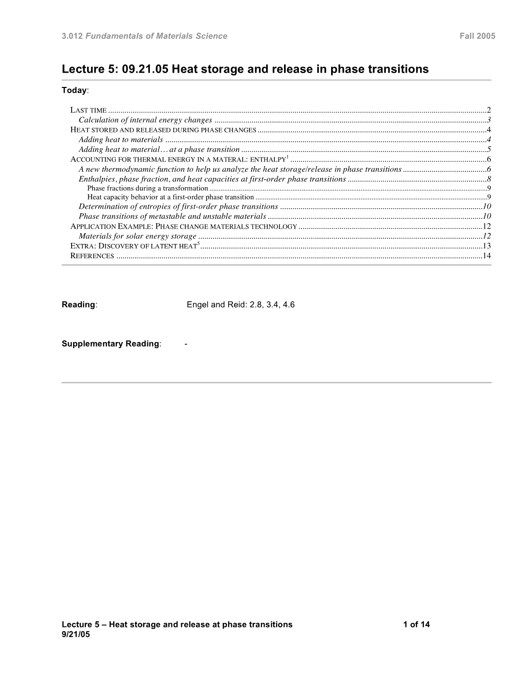 Lecture 5: 09.21.05 Heat Storage and Release in Phase Transitions