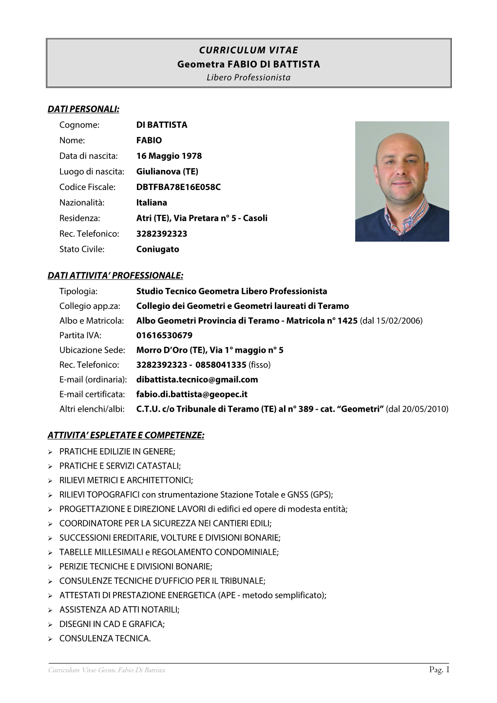 CURRICULUM VITAE Geometra FABIO DI BATTISTA Libero Professionista