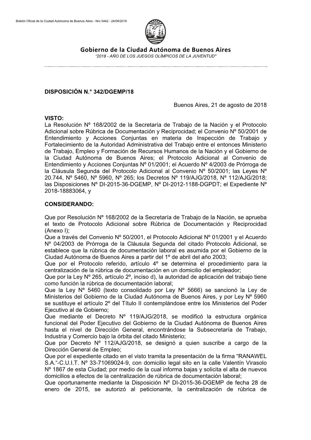 Gobierno De La Ciudad Autónoma De Buenos Aires “2018 - AÑO DE LOS JUEGOS OLÍMPICOS DE LA JUVENTUD"