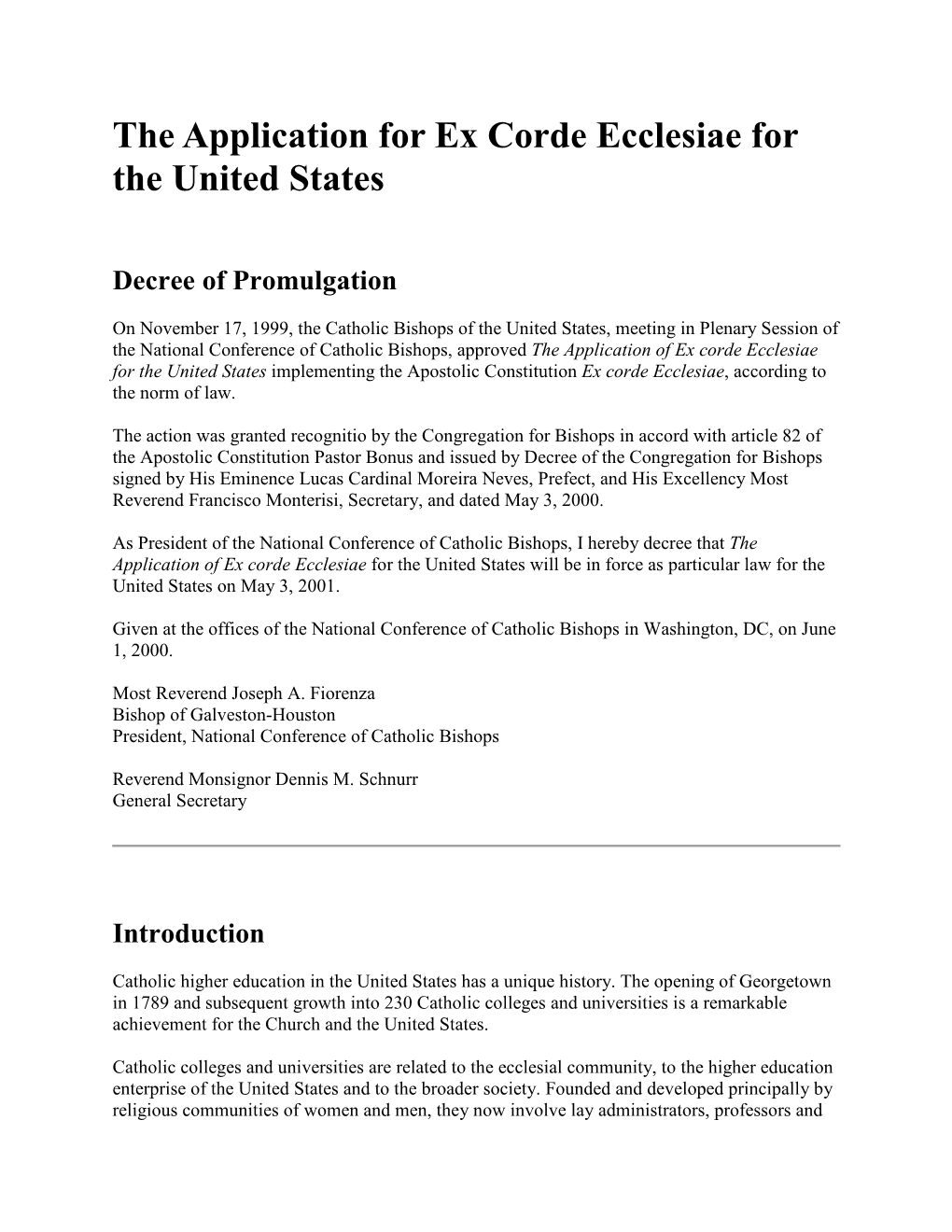 The Application for Ex Corde Ecclesiae for the United States