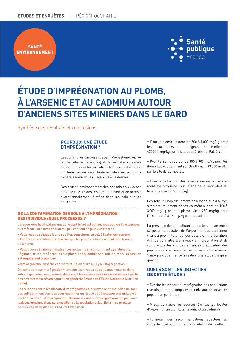 Étude D'imprégnation Au Plomb, À L'arsenic Et Au Cadmium Autour D