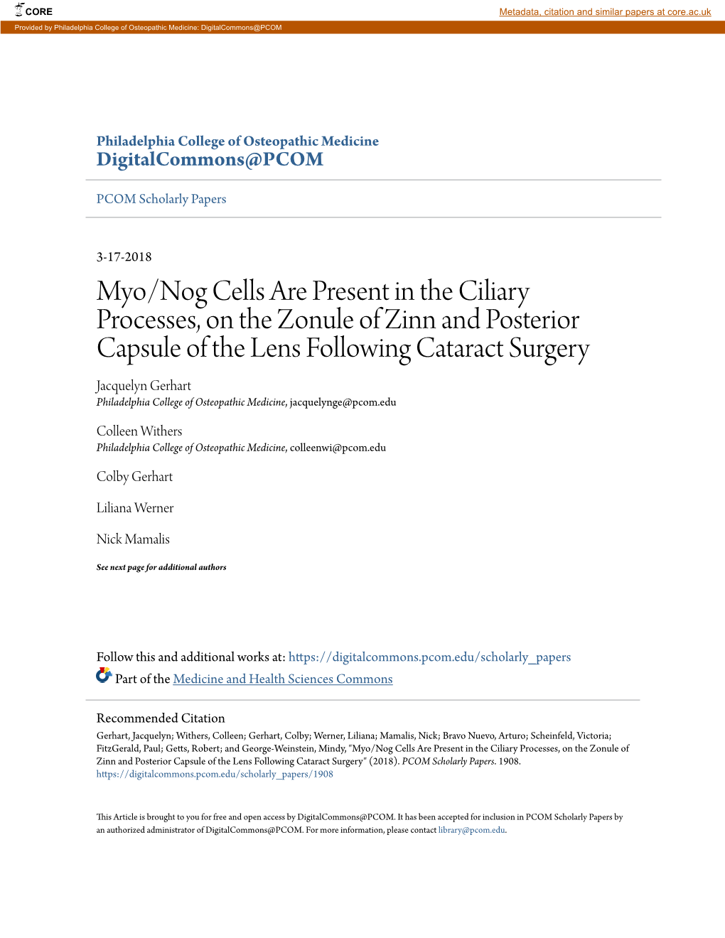 Myo/Nog Cells Are Present in the Ciliary Processes, on the Zonule Of