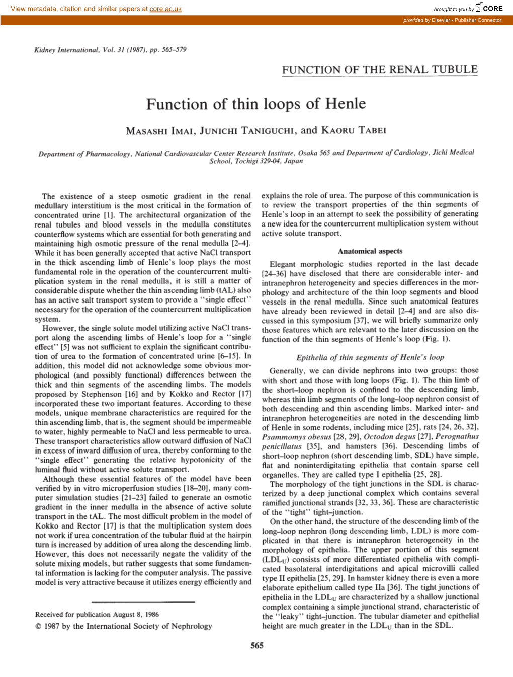 Function of Thin Loops of Henle