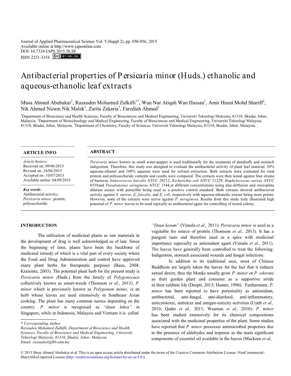 Antibacterial Properties of Persicaria Minor (Huds.) Ethanolic and Aqueous-Ethanolic Leaf Extracts