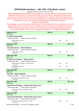 ODEON Matrix Numbers — Xbo 1000 - 6129 (Berlin: Jumbo) Discography Compiled by Christian Zwarg for GHT Wien Diese Diskographie Dient Ausschließlich Forschungszwecken