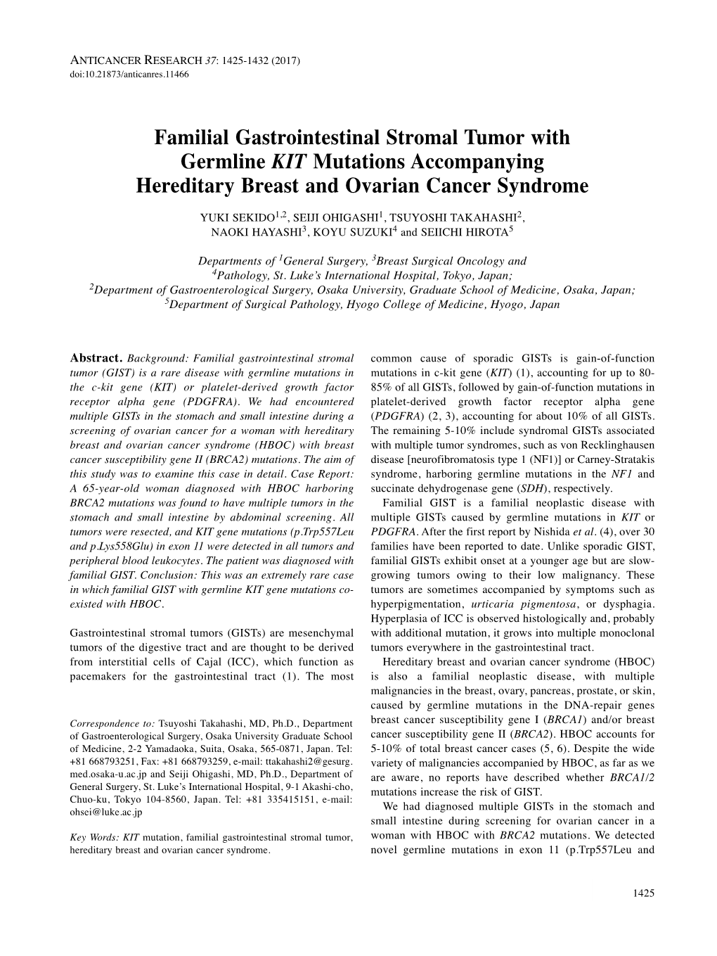 Familial Gastrointestinal Stromal Tumor with Germline KIT Mutations