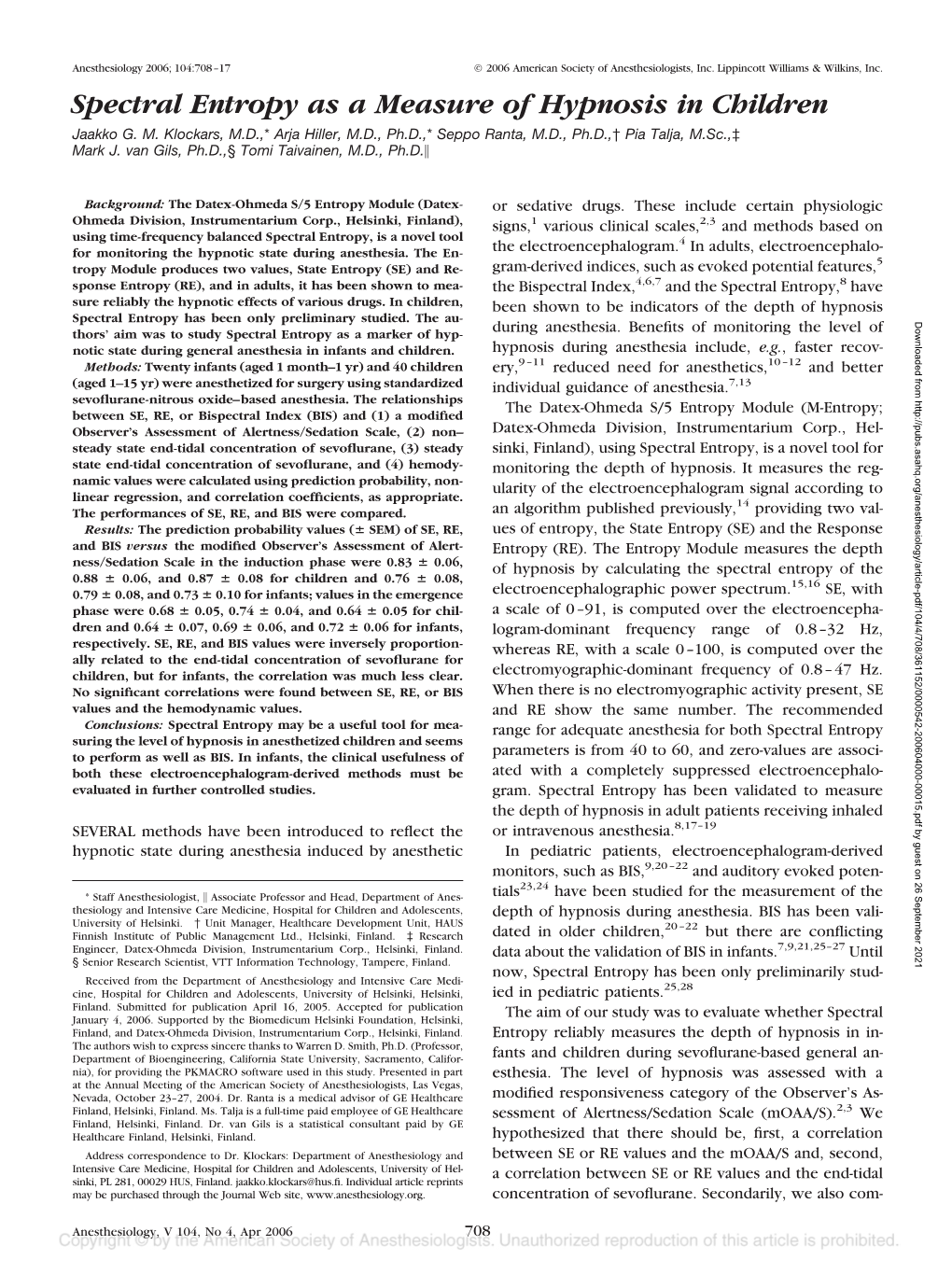 Spectral Entropy As a Measure of Hypnosis in Children Jaakko G