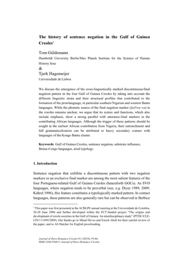 The History of Sentence Negation in the Gulf of Guinea Creoles1 Tom