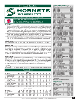 2014 Baseball Game Notes 2014 SCHEDULE/RESULTS (6-6) Date Opponent Time /Result Feb