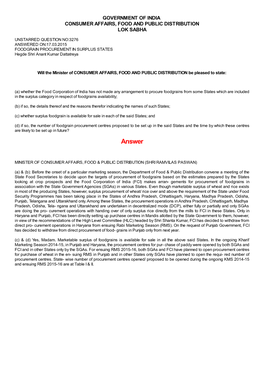 ANSWERED ON:17.03.2015 FOODGRAIN PROCUREMENT in SURPLUS STATES Hegde Shri Anant Kumar Dattatreya