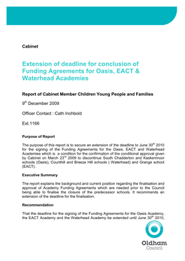 Extension of Deadline for Conclusion of Funding Agreements for Oasis, EACT & Waterhead Academies