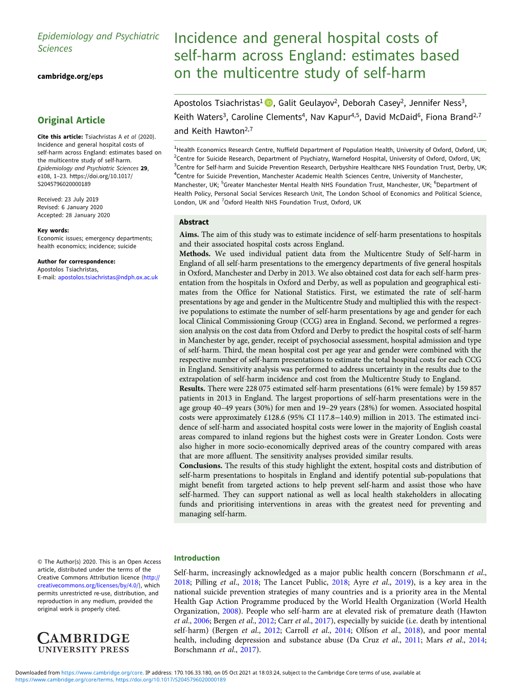 Estimates Based on the Multicentre Study of Self-Harm