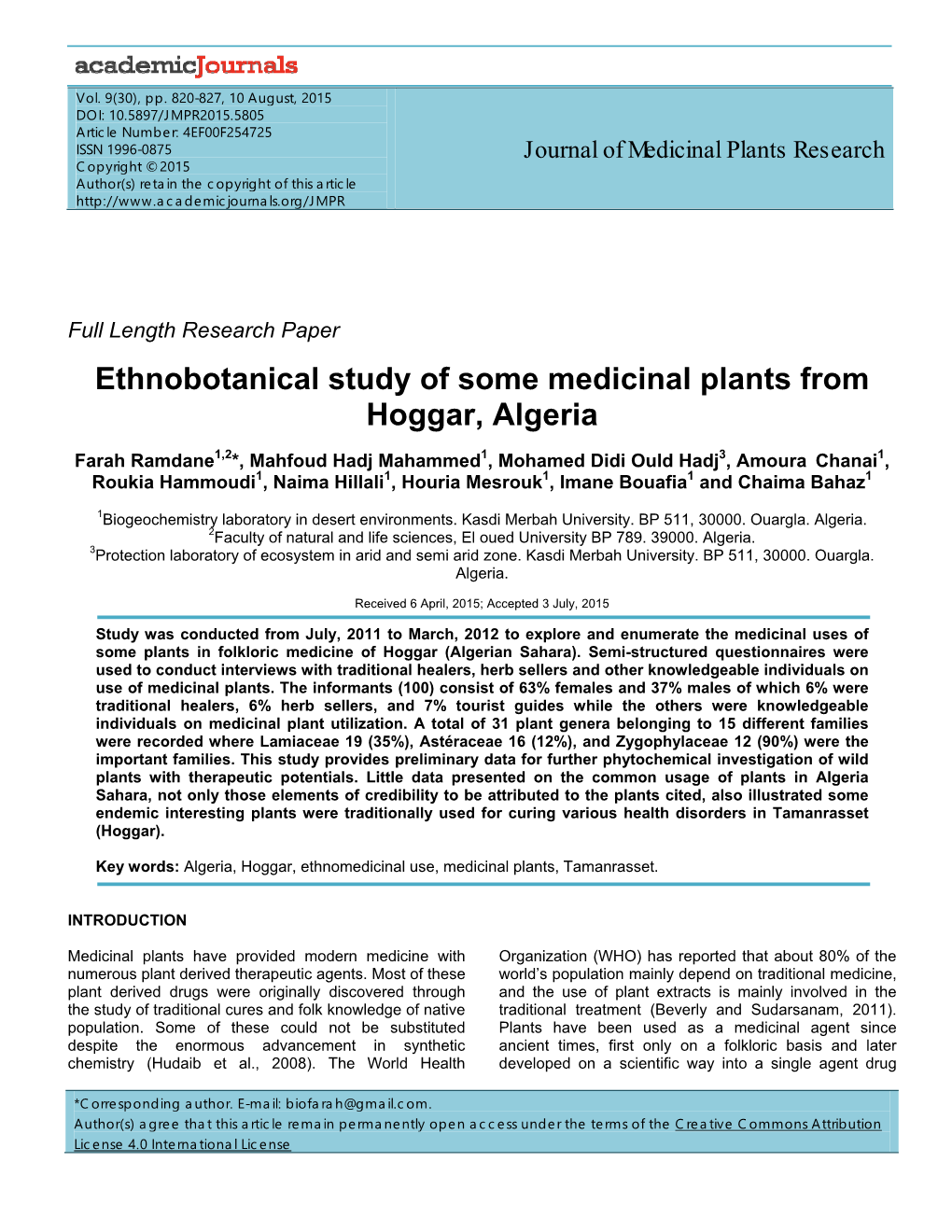 Ethnobotanical Study of Some Medicinal Plants from Hoggar, Algeria