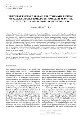 Multigene Evidence Reveals the Systematic Position of Pleurocladopsis Simulans (C