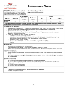 Cryosupernatant Plasma