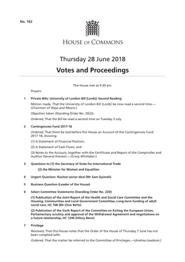 Thursday 28 June 2018 Votes and Proceedings