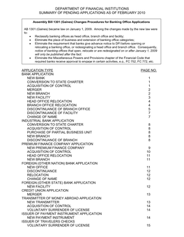 Department of Financial Institutions Summary of Pending Applications As of February 2010