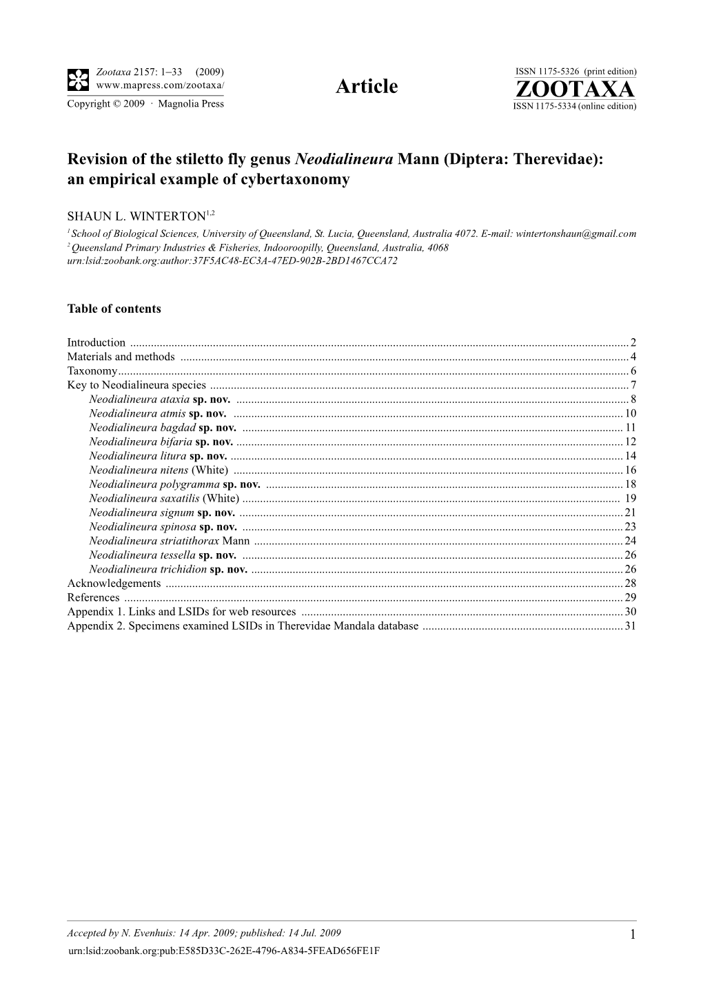 Zootaxa 2157: 1–33 (2009) ISSN 1175-5326 (Print Edition) Article ZOOTAXA Copyright © 2009 · Magnolia Press ISSN 1175-5334 (Online Edition)