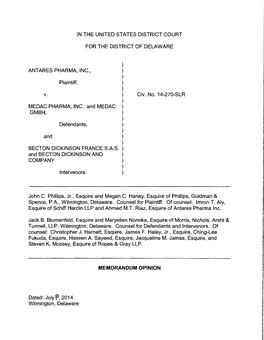 IN the UNITED STATES DISTRICT COURT for the DISTRICT of DELAWARE ) ANTARES PHARMA, INC., ) ) Plaintiff, ) ) ) MEDAC PHARMA, INC