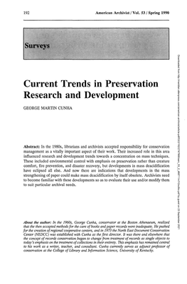 Current Trends in Preservation Research and Development