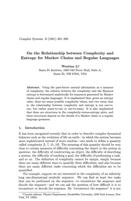 On the Relationship Between Complexity and Entropy for Markov
