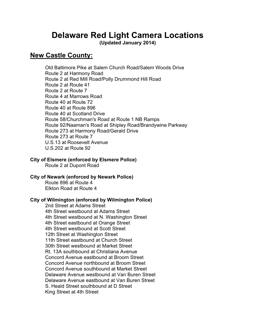 Delaware Red Light Camera Locations (Updated January 2014)